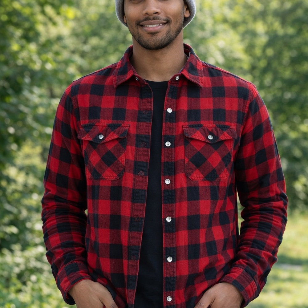 Canadiana Men’s Buffalo Plaid Flannel Shirt Red Black Size L Cotton Button Front